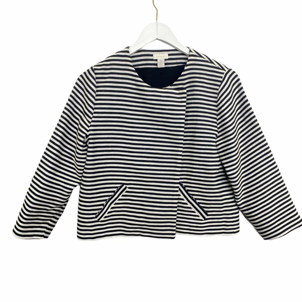 Chico's Striped Blazer Jacket‎ Black White XS Double Breasted Office Career Chic